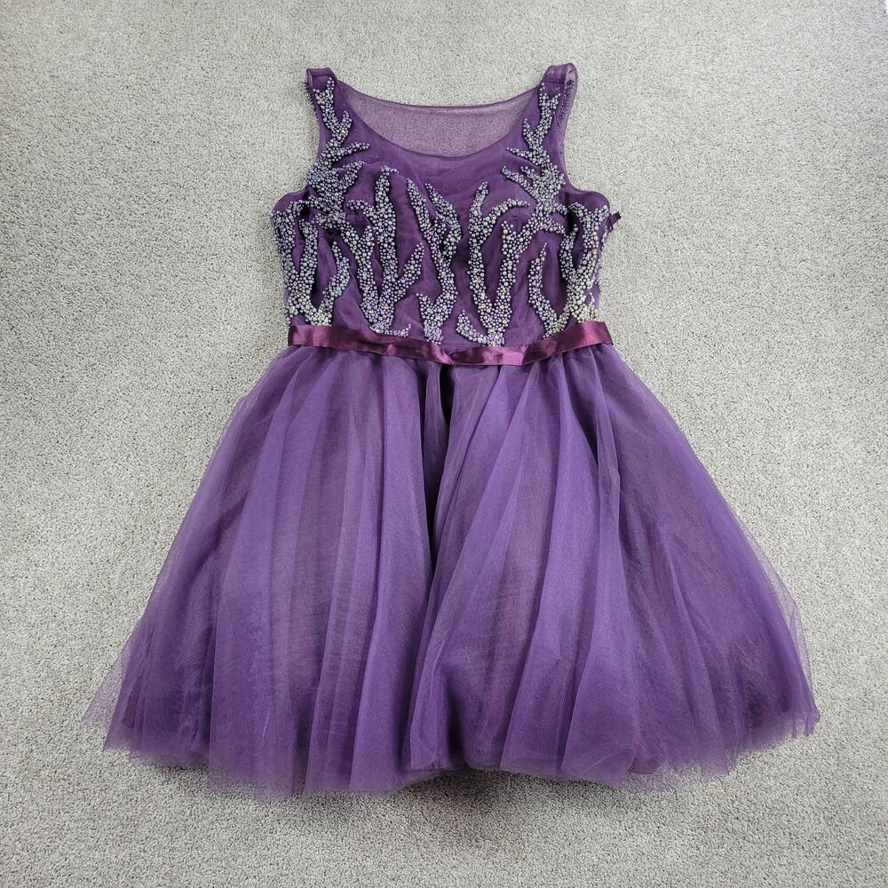 Envious Couture Formal Dress Girls 16 Purple White Beaded Chiffon Toile Prom